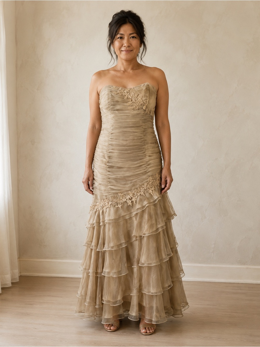 Camille La vie beige maxi strapless dress size 12P tiered ruffle hem